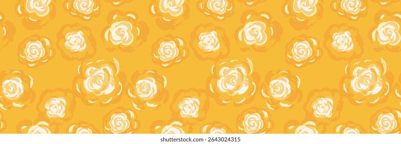 Seamless vector floral pattern with white and yellow abstract rose shapes on a warm golden background. Nature blooming ornament for fabric, wrapping paper, wallpaper, spring and summer fashion