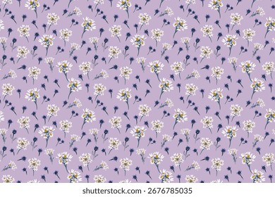 Seamless vector floral pattern with white daisies and purple wildflowers on a soft lavender background. Elegant botanical design for fabric, wallpaper, wrapping, decor