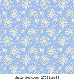 Patrón floral de Vector sin costuras con margaritas blancas y Pequeñas flores azules sobre un fondo azul celeste suave. Diseño ligero y fresco de la primavera para la tela, papel de embalaje, y decoración