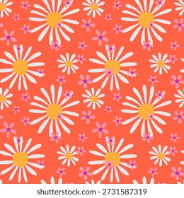 Seamless vector floral pattern with white chamomile daisies and pink flowers on a bright coral background. Fun, cheerful spring design for fabric, wrapping paper, and decor