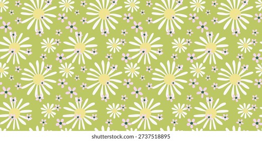 Seamless vector floral pattern with white daisies and mint green flowers on a light olive background. Fresh and natural botanical design for textiles, wrapping paper, and decor