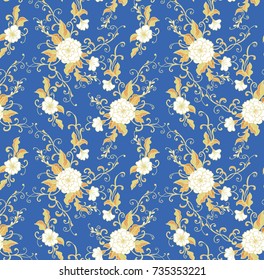 Seamless vector floral pattern with white flowers on  blue  background