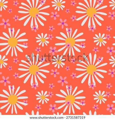 Seamless vector floral pattern with white chamomile daisies and pink flowers on a bright coral background. Fun, cheerful spring design for fabric, wrapping paper, and decor