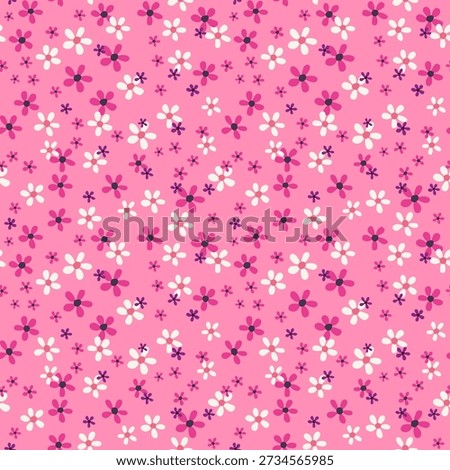 Seamless vector floral pattern with white, pink, and purple flowers on a bright pink background. Playful and cheerful design for kids  textiles, stationery, and wrapping paper