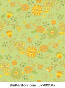 Seamless vector floral pattern woth daisy and tulips on green background