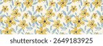 Seamless vector floral pattern with yellow crayon style flowers and blue  leaves on a light  beige background. Abstract hand drawn texture, template for summer textiles and wrapping paper
