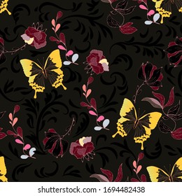 Seamless vector floral pattern of yellow butterflies and inflorescences of flowers in elegant curls on a dark black background. Delicate design for fabric, wallpaper, paper.