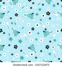 Seamless vector floral pattern with yellow pears and inflorescences, green leaves. Vector illustration on a blue background. Botanical print