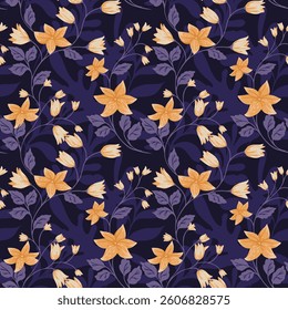 Seamless vector floral pattern with yellow and beige blossoms on a deep navy blue background. Elegant botanical design with delicate flowers and leaves, ideal for textiles, wallpapers, fashion, decor