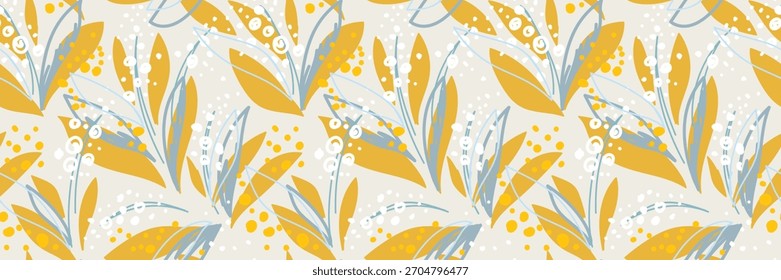 Padrão floral de vetor sem costura com folhas abstratas amarelas e azuis e bagas brancas em um fundo bege claro. Design botânico moderno para tecidos, embalagens e artigos de papelaria
