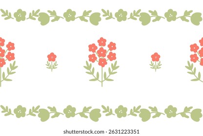 Seamless vector floral patterns with hand-drawn cartoon-style flowers and leaves. Horizontal seamless border. Soft retro colors and simple shapes. Perfect for baby clothes, nursery decor, textiles.