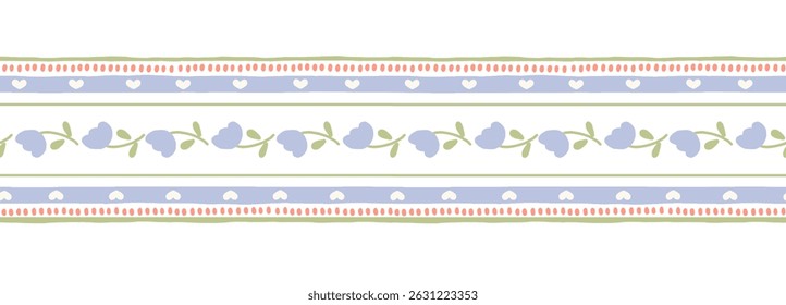 Seamless vector floral patterns with hand-drawn cartoon-style flowers and leaves. Horizontal seamless border. Soft retro colors and simple shapes. Perfect for baby clothes, nursery decor, textiles.