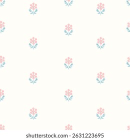 Seamless vector floral patterns with hand-drawn cartoon-style flowers and leaves. Soft retro colors and simple shapes. Perfect for baby clothes, nursery decor, textiles, wallpapers, and wrapping paper