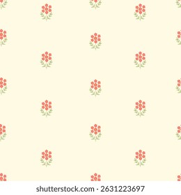 Seamless vector floral patterns with hand-drawn cartoon-style flowers and leaves. Soft retro colors and simple shapes. Perfect for baby clothes, nursery decor, textiles, wallpapers, and wrapping paper