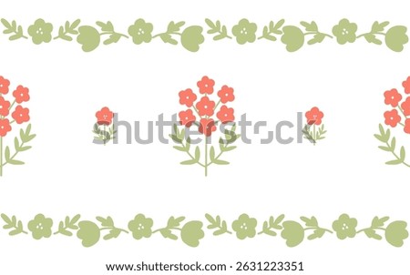 Seamless vector floral patterns with hand-drawn cartoon-style flowers and leaves. Horizontal seamless border. Soft retro colors and simple shapes. Perfect for baby clothes, nursery decor, textiles.