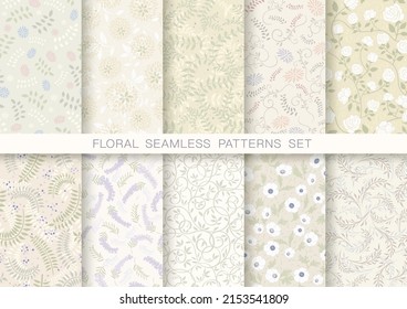 Seamless Vector Floral Patterns Set. All Of The 10 Patterns Are Horizontally And Vertically Repeatable.
