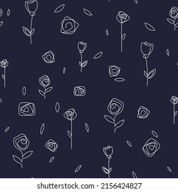 Seamless vector floral print. Linear summer white flowers, roses with stems and leaves.