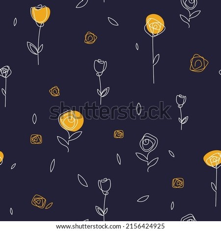 Seamless vector floral print. Linear summer white and yellow flowers, roses with stems and leaves.