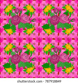 Seamless Vector floral print in pink, green and magenta colors. Cute rose flowers and green leaves pattern.