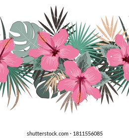 Seamless vector floral summer border with tropical palm leaves and hibiscus flowers. Perfect for wallpapers, web page backgrounds, surface textures, textile.