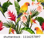 Seamless vector floral summer pattern background with tropical palm leaves, parrot ara, heliconia, bird of paradise, hibiscus. Perfect for wallpapers, web page backgrounds, surface textures