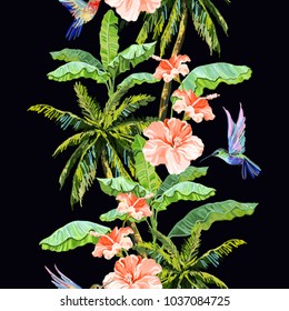 Seamless vector floral summer pattern background with banana leaves, palm trees, tropical  leaves, hummingbirds, tropical flowers,  hibiscus. Perfect for wallpapers, web page backgrounds,  textures