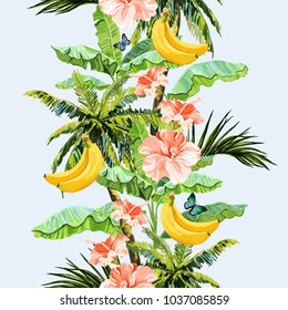 Seamless vector floral summer pattern background with butterflies, palm trees, tropical  leaves, bananas, tropical flowers,  hibiscus. Perfect for wallpapers, web page backgrounds, textile.