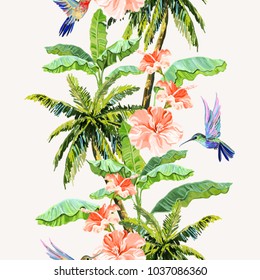 Seamless vector floral summer pattern background with banana leaves, palm trees, tropical  leaves, hummingbirds, tropical flowers,  hibiscus. Perfect for wallpapers, web page backgrounds, textile