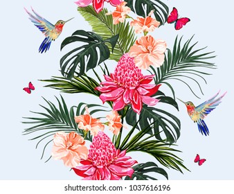 Seamless vector floral summer pattern background with hummingbird, palm leaves, butterflies, tropical flowers, heliconia, hibiscus. Perfect for wallpapers, web page backgrounds,  textures, textile