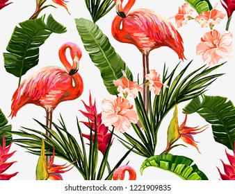 Seamless vector floral summer pattern background with tropical palm leaves, flamingo, heliconia, bird of paradise, hibiscus. Perfect for wallpapers, web page backgrounds, surface textures