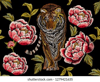 Seamless vector floral summer pattern background with garden peonies, tiger.Floral,beast style.Template for design scarf or pillow.Perfect for wallpapers, web page backgrounds, surface textures