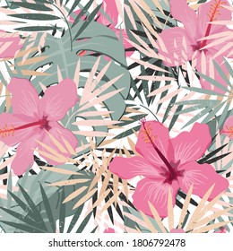 Seamless vector floral summer pattern background with tropical palm leaves and hibiscus flowers. Elegant pastel palette. Perfect for wallpapers, web page backgrounds, surface textures, textile.