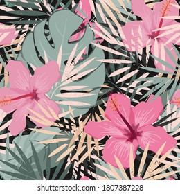 Seamless vector floral summer pattern background with tropical palm leaves and hibiscus flowers. Elegant pastel palette. Perfect for wallpapers, web page backgrounds, surface textures, textile.