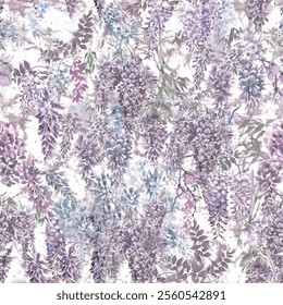 Seamless vector floral summer pattern background with purple tropical leaves.