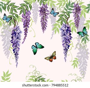 Seamless vector floral summer pattern background with tropical japanese flowers,  butterflies, wisteria. Perfect for wallpapers, web page backgrounds, surface textures, textile. svg