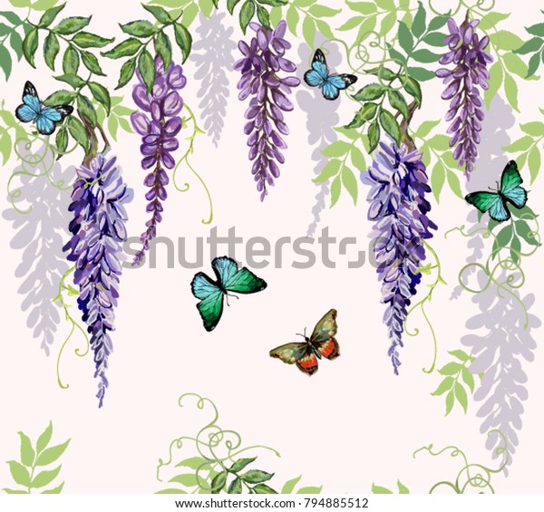 熱帯の日本の花 蝶 藤のあるシームレスなベクター画像の夏のパターン背景 壁紙 ウェブページの背景 表面のテクスチャー 繊維に最適 のベクター画像素材 ロイヤリティフリー