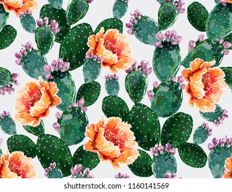 Seamless vector floral summer tropical pattern background with blooming cactuses,succulents. Perfect for wallpapers, web page backgrounds, surface textures,textile. Isolated on white background