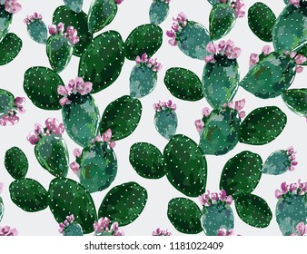 Seamless vector floral summer tropical pattern background with blooming cactuses. Perfect for wallpapers, web page backgrounds, surface textures,textile. Isolated on white background