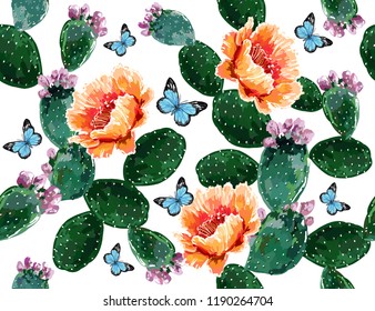 Seamless vector floral summer tropical pattern background with blooming cactuces,succulents, butterflies. Perfect for wallpapers, web pages, surface textures,textile. Isolated on white background