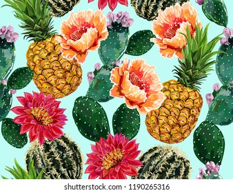 Seamless vector floral summer tropical pattern background with blooming cactus, succulents, pineapple. Perfect for wallpapers, web pages, surface textures,textile.Isolated on white  background