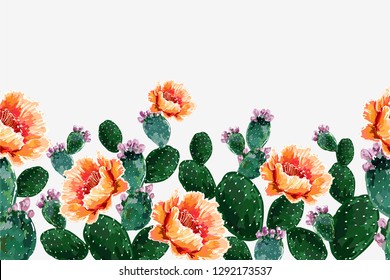 Seamless vector floral summer tropical horizontal  pattern background with blooming cactus, succulents. Perfect for wallpapers, web pages, surface textures,textile.Isolated on white background 