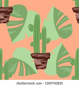Seamless vector floral summer tropical pattern background with cactuses. Perfect for wallpapers, web page backgrounds, surface textures,textile. Isolated on white background