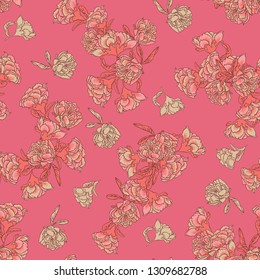 Seamless vector floral texture chinoiserie pattern background with living coral pomegranate flowers on bold pink backgound