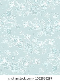 Seamless vector floral texture with woven decorative flowers on pale blue- grey background