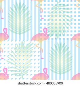 seamless vector floral tropical pattern background with pink flamingos.
