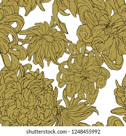 Seamless vector floral wallpaper. Decorative vintage pattern in classic style with flowers chrysantemum. Two tone ornament with yellow flower silhouette on white background. Hand drawing vector