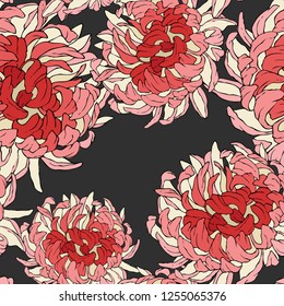 Seamless vector floral wallpaper. Decorative vintage pattern in classic style with flowers chrysantemum. Two tone ornament with creme flower silhouette on black background. Hand drawing vector