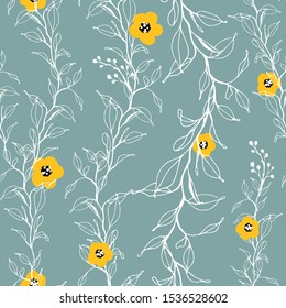 Seamless vector floral wallpaper. Decorative vintage pattern in classic style with flowers and twigs. Two tone ornament with white twig silhouette on blue background