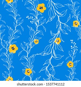 Seamless vector floral wallpaper. Decorative vintage pattern in classic style with flowers and twigs. Two tone ornament with white twig silhouette on blue background