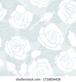 Papel tapiz floral vectorial sin fisuras. Decoración vintage con flores y ramas. Silueta blanca de rosas sobre fondo gris